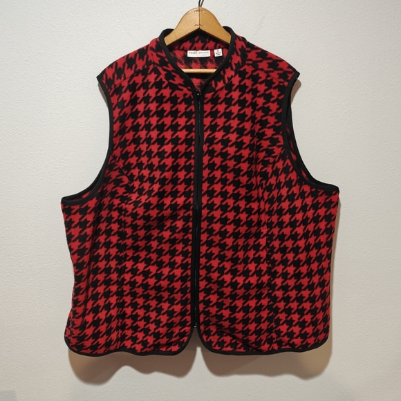 Susan Graver 3X Vest Houndstooth Red Black Full Zip Boxy Cozy - Picture 2 of 7